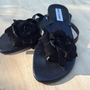 Manolo Blahnik Black Suede Rose Sandals